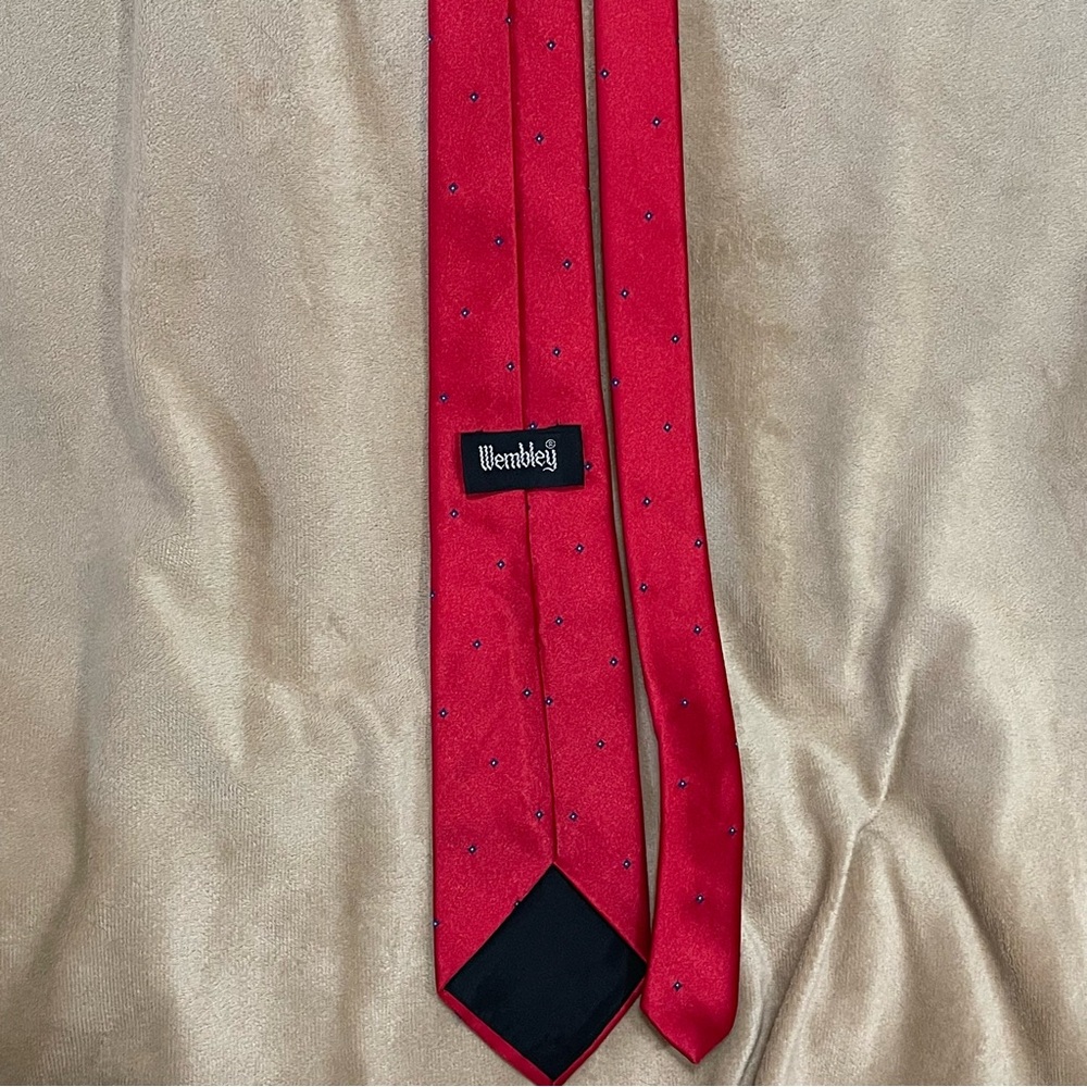 Wembley Red Silk Men's Tie with Small Navy Dot Pattern.